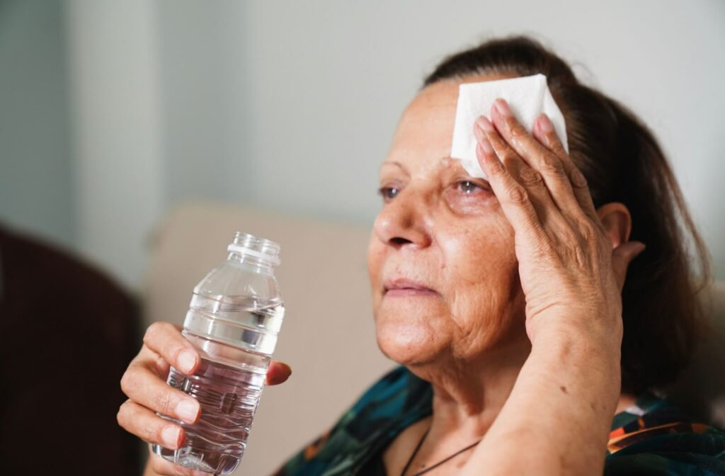 A close-up of a senior with a cloth to their forehead and a water bottle in their hand suggesting heat stroke or exhaustion