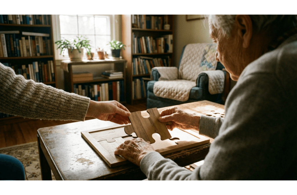 lose-up of an older adult solving a puzzle in a sunny living room with a caregiver assisting nearby.