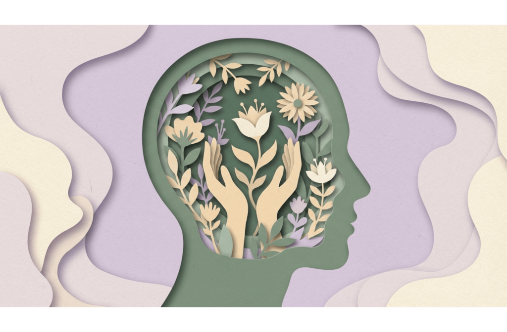 aper cutout art showing a head silhouette containing a tended garden, representing the structured and safe environment of memory care.
