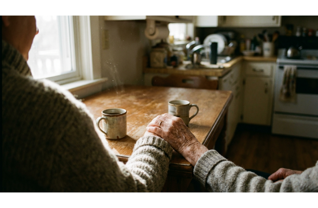 Close-up of an adult hand gently resting on a senior person's wrinkled hand over a wooden table with tea mugs, conveying support.