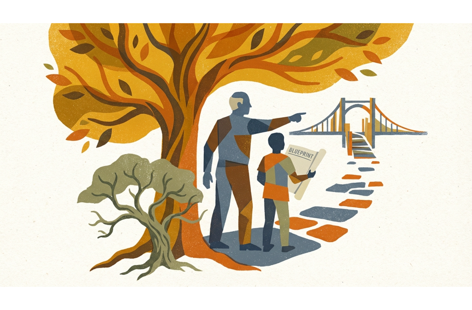 Stylized illustration of two abstract figures collaborating on a plan, symbolizing support and respect for independence.