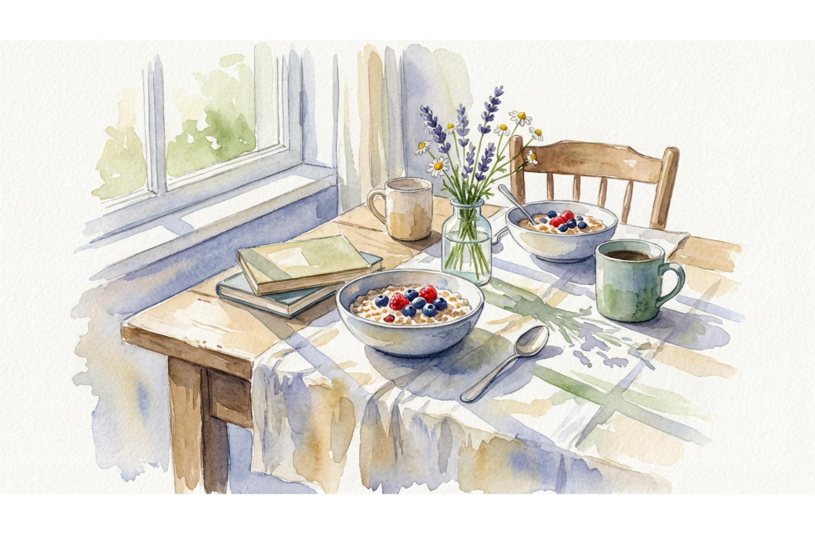 watercolour of two bowls of oatmeal on a brightly lit table