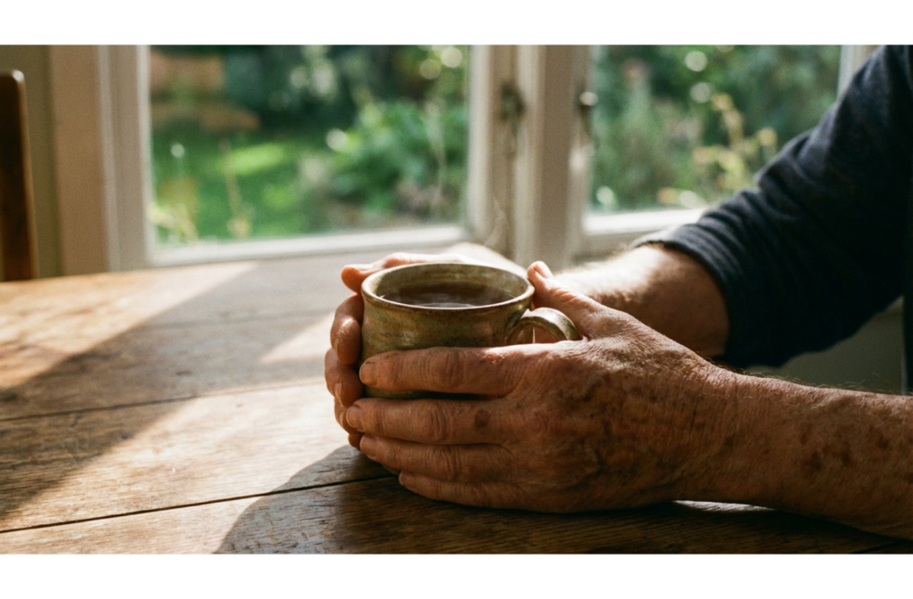 senior hands holding a coffee