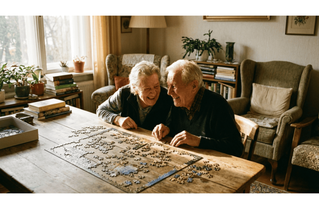 Two older adults laughing while working on a jigsaw puzzle together at a table in a sunlit room.