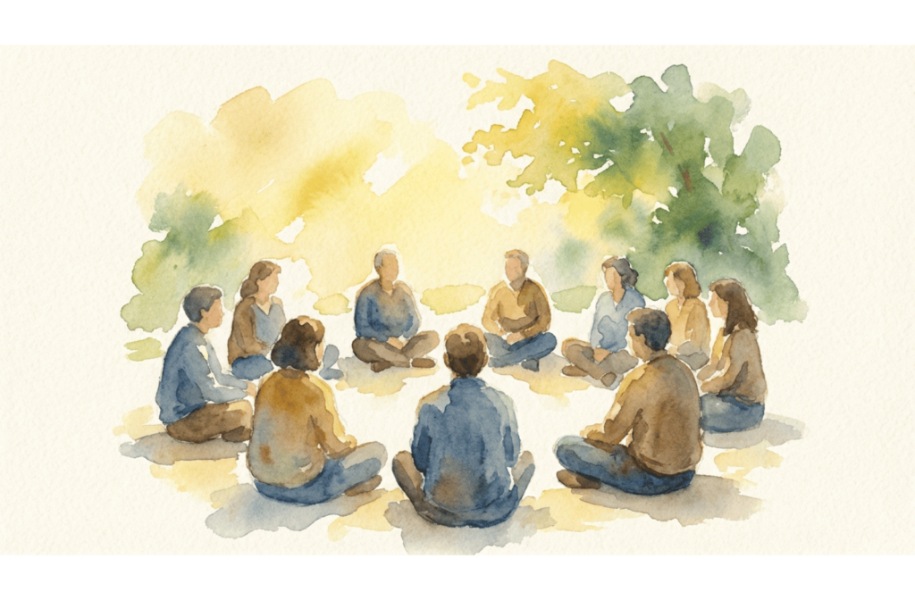 Watercolor painting of a group of people sitting together in a garden circle, depicted with soft colors and relaxed body language. 