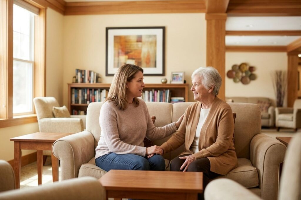 Younger and older adult sitting together on a sofa, holding hands and smiling in a warm living room.