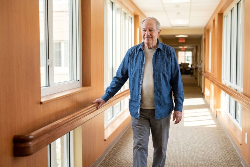 Older adult in a blue shirt smiling, walking down a bright hallway with a wooden handrail and large windows.