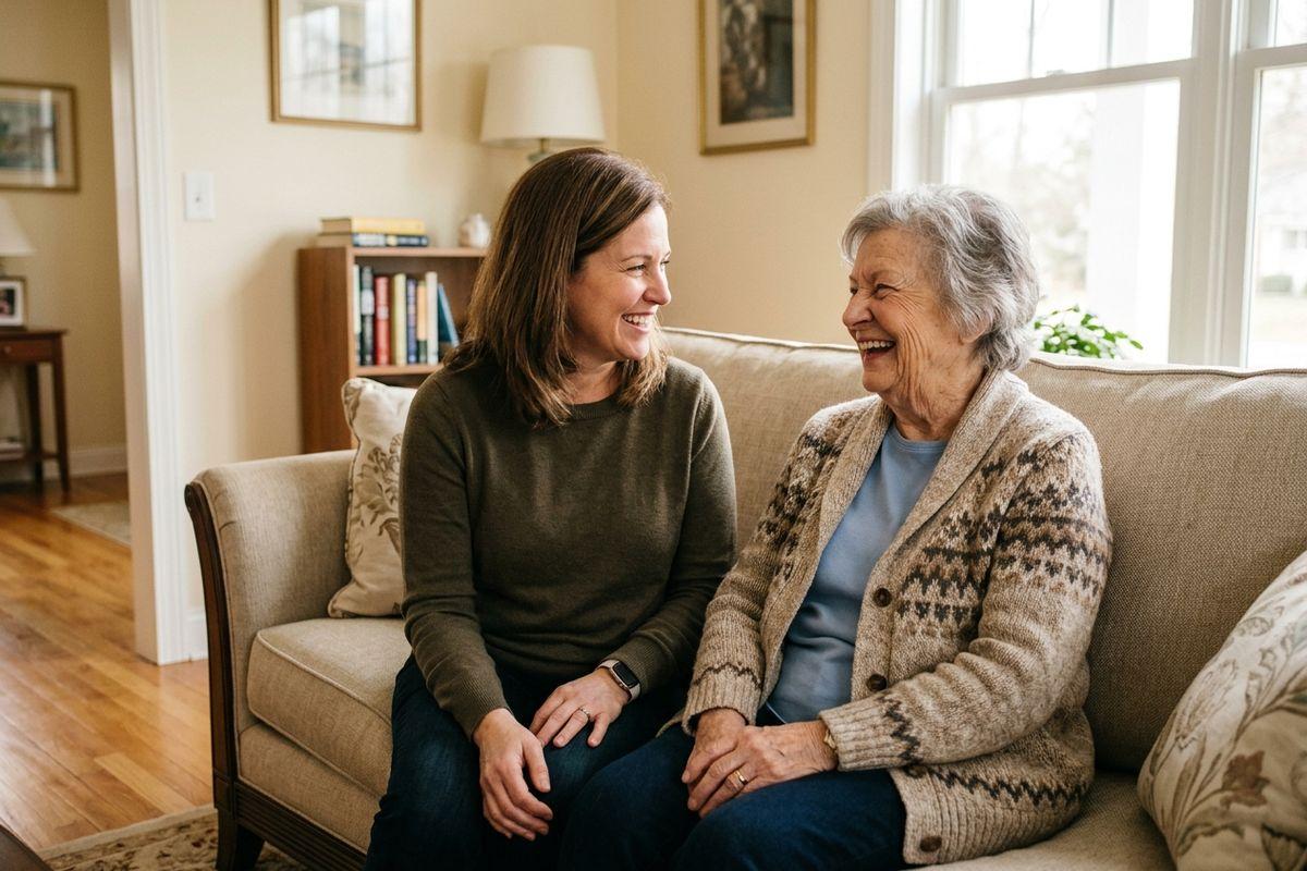 A senior and a younger woman sit on a sofa in a living room, smiling and looking at each other.
