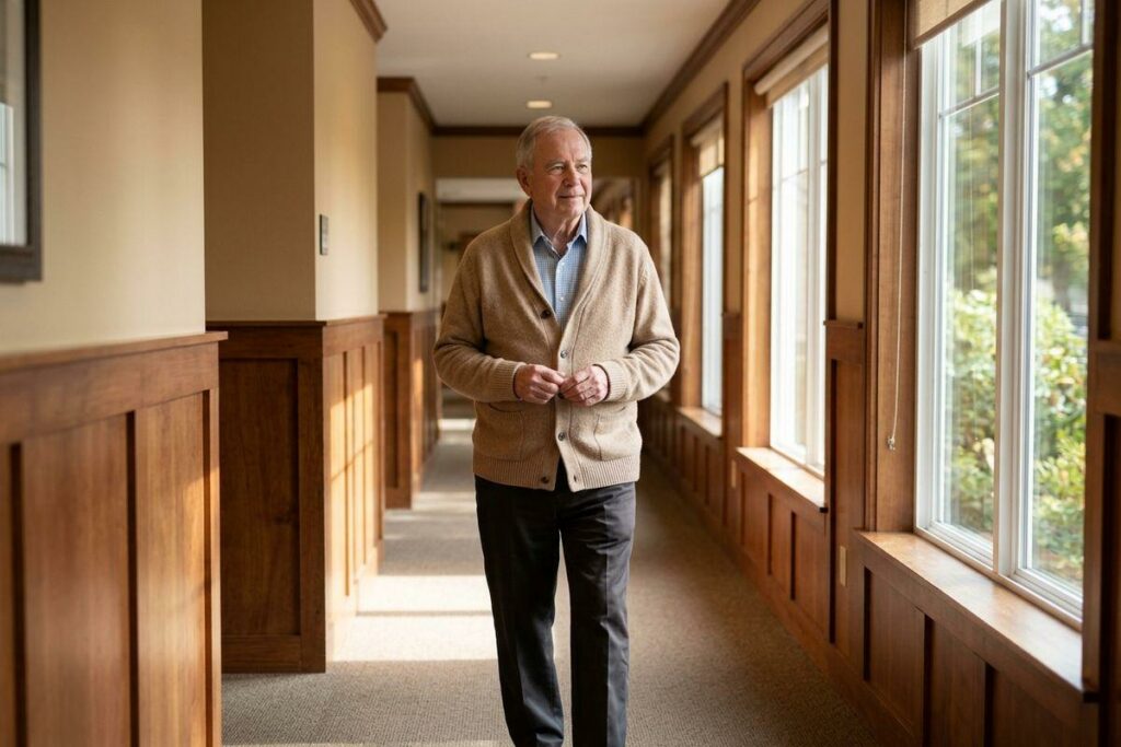 A senior in a beige cardigan walks down a sunlit wood-paneled hallway lined with windows.